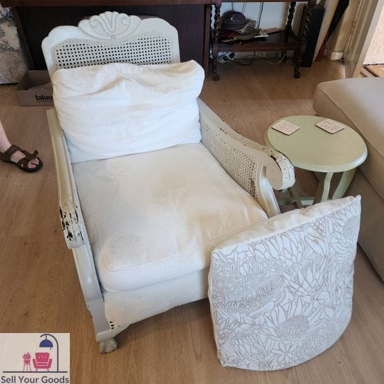 Wooden armchair with wicker inserts & cushions