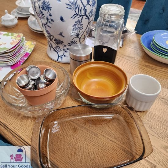 Various kitchenware excludes blue and white ginger jar at back