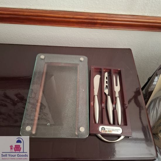 3 Piece Stainless Steel Cheese Knife and Fork Set with Tempered Glass Board