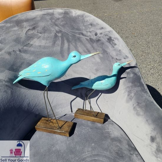 Two blue wooden decor birds