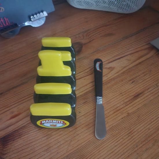 Collectable marmite toast holder and knife