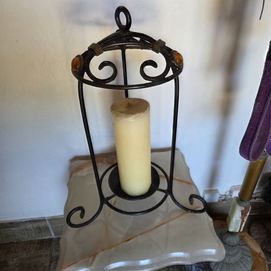 Wrought iron table top candle holder with candle
